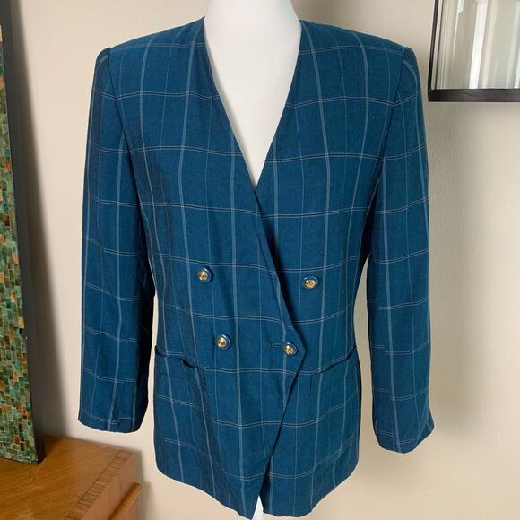 Vintage Le Suit Size 10 Double Breasted Blazer Jacket Plaid Blue Preppy Work - Picture 2 of 6